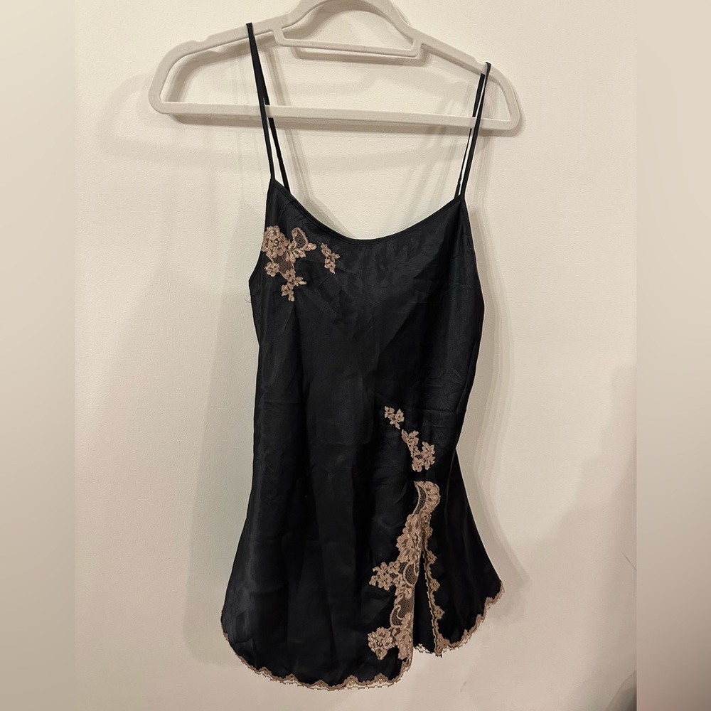Victoria’s Secret Black and Bronze Satin Slip Lace Trim Dress